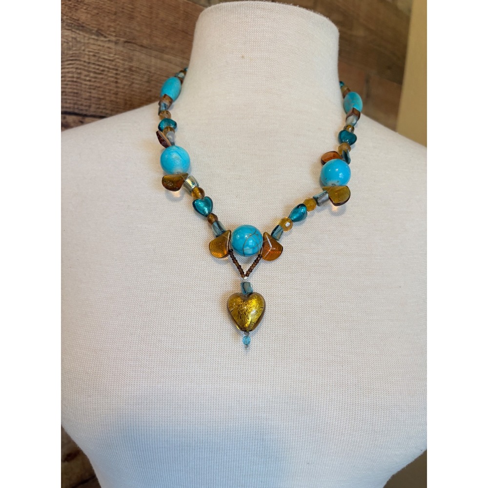 Artisan Beaded Heart Necklace Turquoise Warm Glass Gold Fleck‎ Pendant 26 In